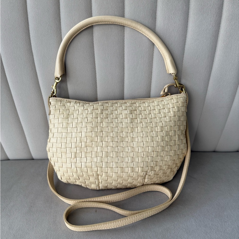 Clare V Cream Woven Leather Shoulder Bag